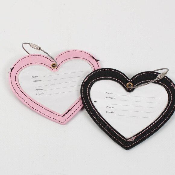 Black & Pink Heart & Ribbon Luggage Tags - Set of Two - NEW - Picture 2 of 4